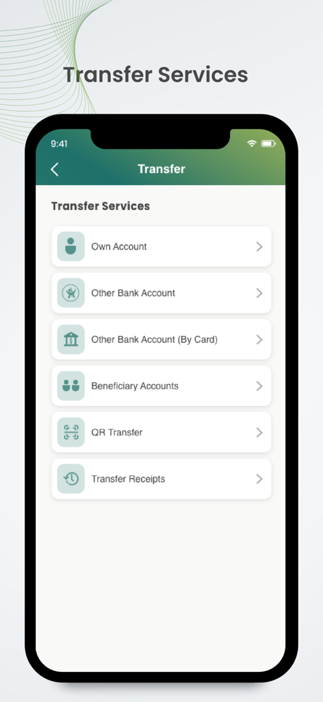 O-Cash - Interfaz móvil de la aplicación O-Cash que muestra varias opciones de servicios de transferencia de dinero.