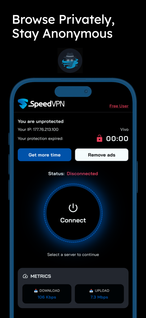 Panel de la aplicación móvil Speed VPN con un gran botón de conexión central y métricas de velocidad de descarga