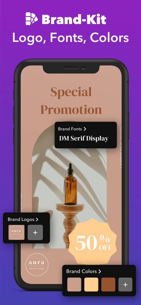 Griddy app Brand-Kit interface featuring custom logos, fonts, and color palettes for professional branding.