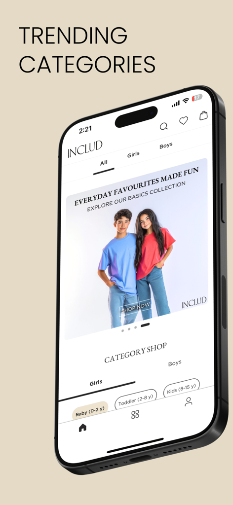 INCLUD - Screenshot of the INCLUD mobile app showing trending children's clothing categories and a fashion banner.
