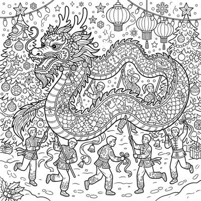 Dive into a truly unique holiday experience with this captivating coloring page, where the vibrant energy of a Chinese Dragon Dance meets the joyful spirit of Christmas. Adorn festive trees and a magnificent dragon with your favorite colors, blending cultural celebration with seasonal cheer.