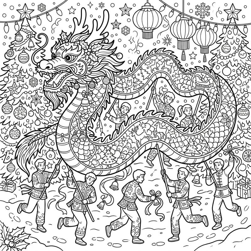 Dive into a truly unique holiday experience with this captivating coloring page, where the vibrant energy of a Chinese Dragon Dance meets the joyful spirit of Christmas. Adorn festive trees and a magnificent dragon with your favorite colors, blending cultural celebration with seasonal cheer.