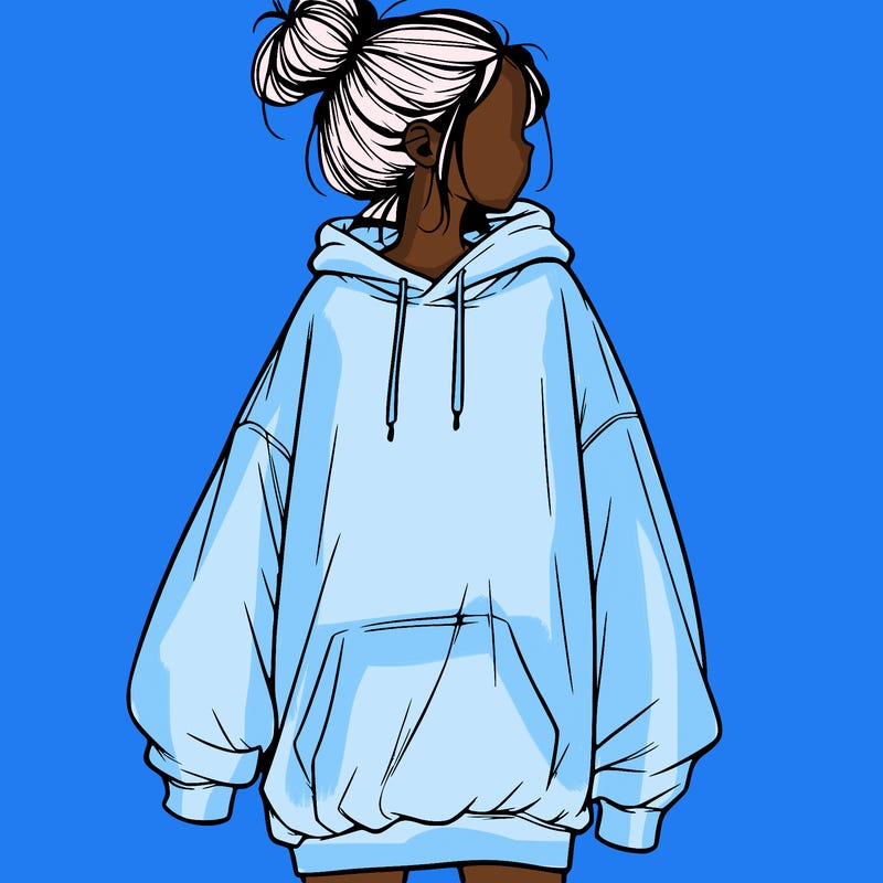 realistic girl with a oversized sweatshirt on and a bun