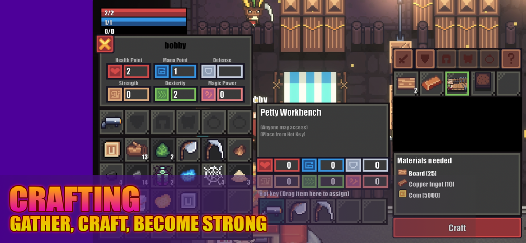 Interfaccia di creazione pixel art nel gioco Shooting Survival che mostra statistiche del personaggio, oggetti nell'inventario e requisiti di materiali per un banco da lavoro.