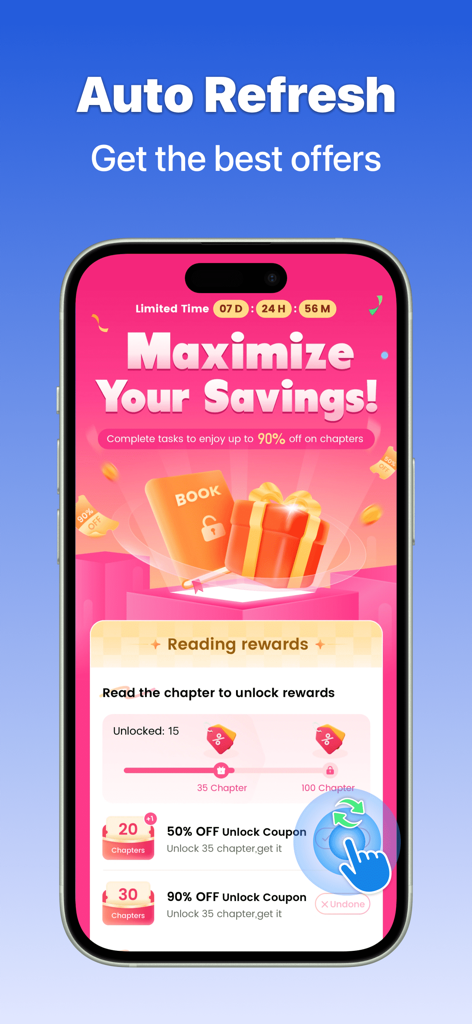 Interfaccia dell'app OP Auto Clicker che mostra la funzione di aggiornamento automatico utilizzata per acquisire coupon e offerte digitali.