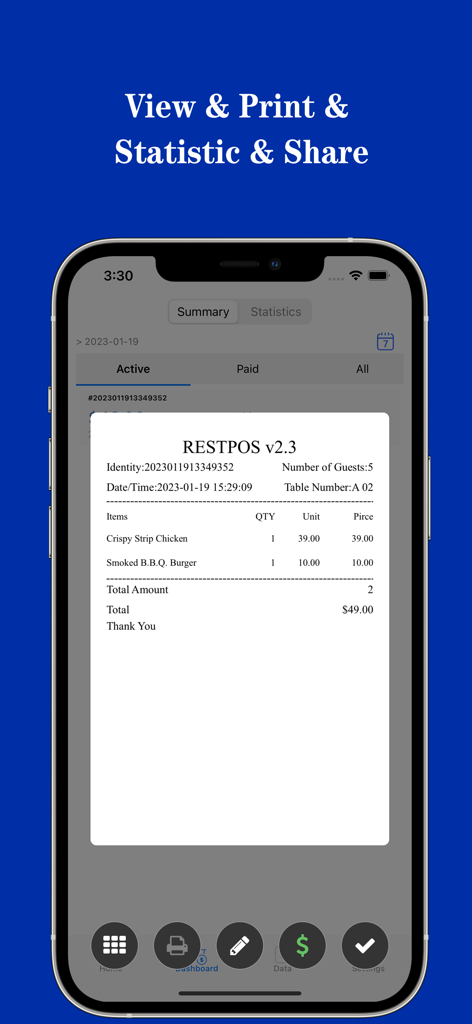 Prévia de recibo digital no aplicativo RestPOS mostrando detalhes do pedido e preço total