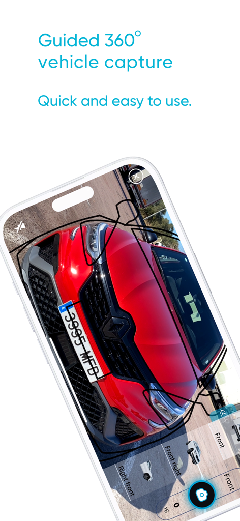 Smartphone screen showing guided 360 degree vehicle capture for car inspection