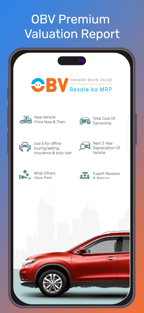 Orange Book Value app screen showing premium valuation report features including vehicle depreciation and total cost of ownership