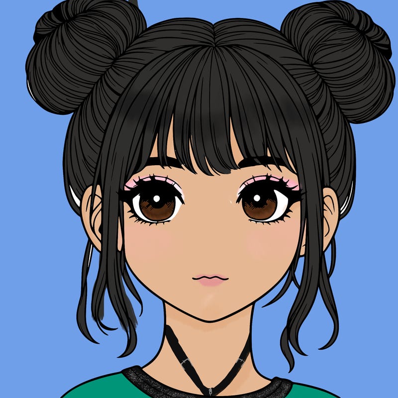 realistic girl with buns and bangs