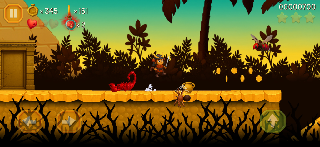 Super Kong Jump - Monkey Bros - A monkey character in a viking outfit jumping over a red scorpion and a spider in a desert level of Super Kong Jump