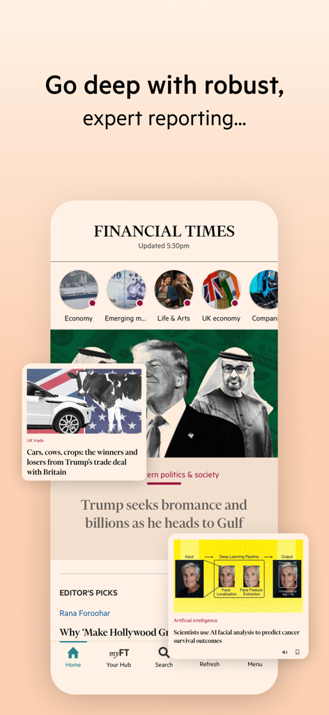 Financial Times: Business News - Financial Times app home screen displaying expert reporting on global business and politics.