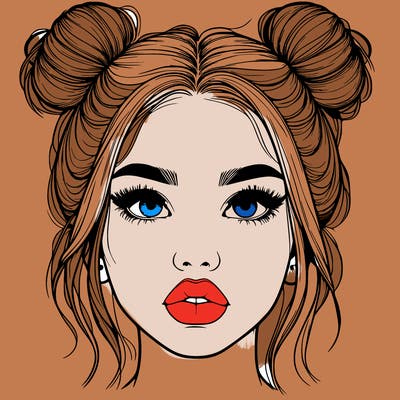 realistic girl with two buns on her hair and lips