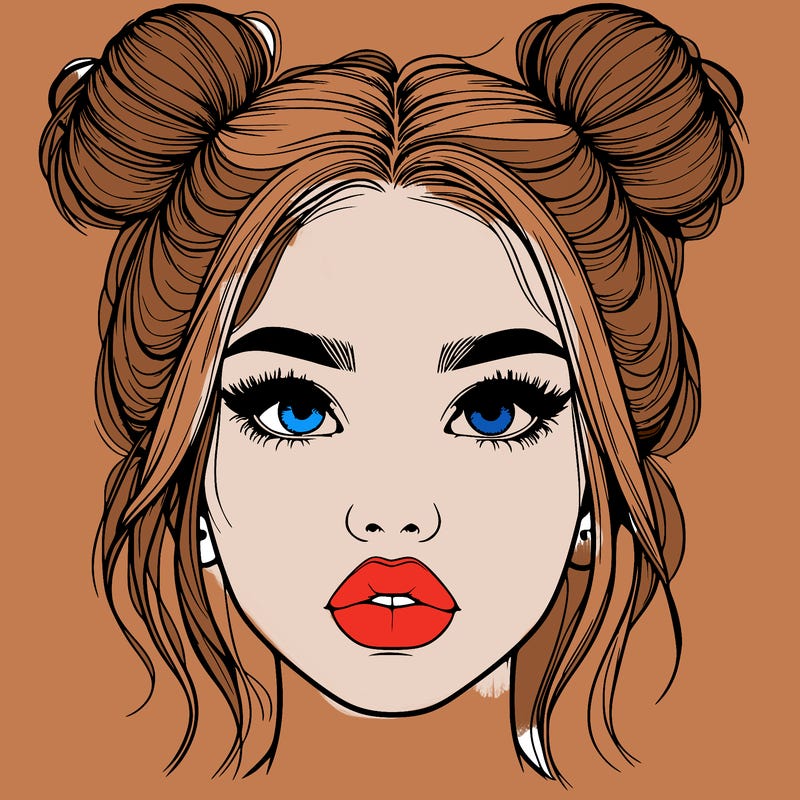 realistic girl with two buns on her hair and lips