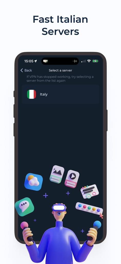 Interface do aplicativo VPN Itália mostrando a seleção de um servidor italiano com o título Servidores Italianos Rápidos