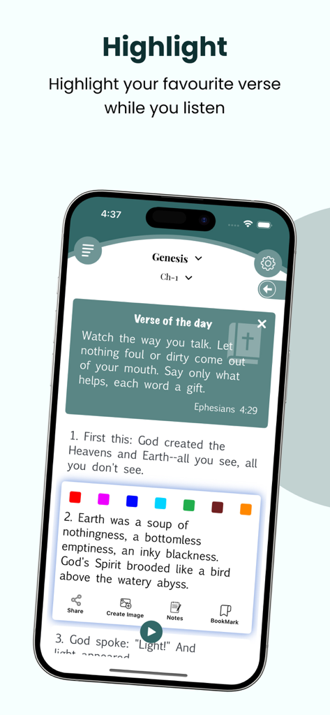 A smartphone screen displaying the Message Bible app with a highlight color palette and daily verse feature.