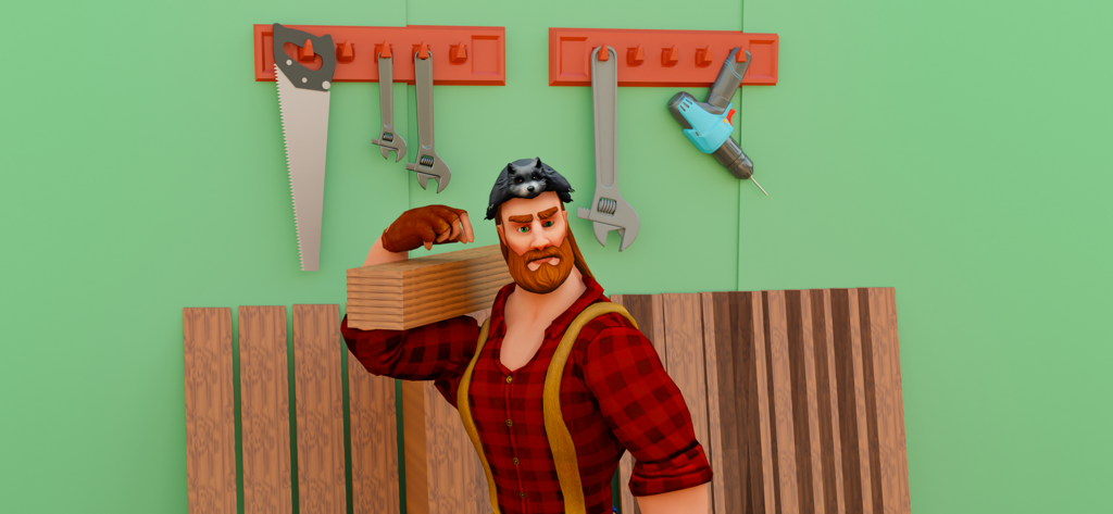 A 3D cartoon carpenter in a red plaid shirt and raccoon hat carrying wooden planks in a workshop with tools