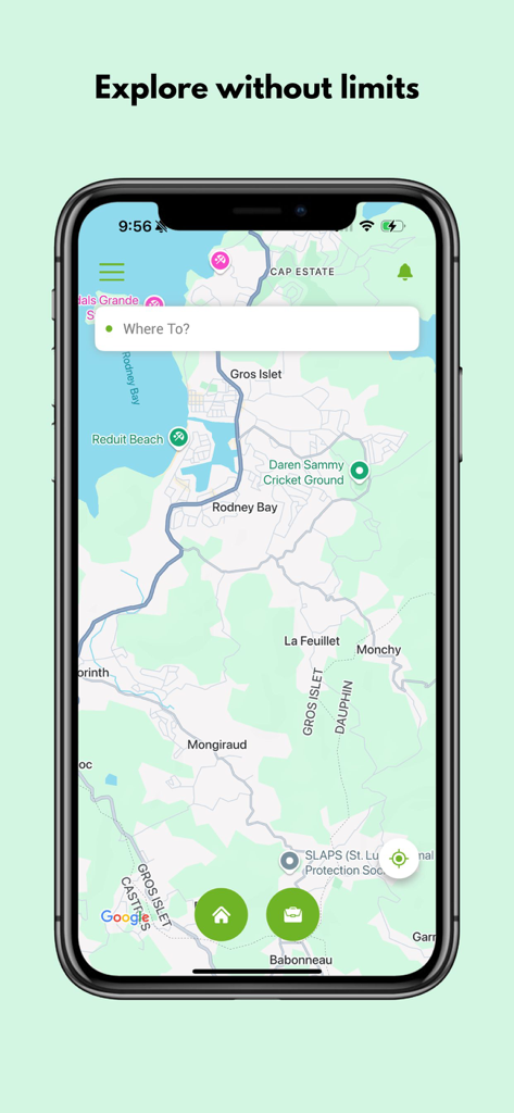 Tropicab - Smartphone screen showing the Tropicab app map interface for booking rides in St Lucia.
