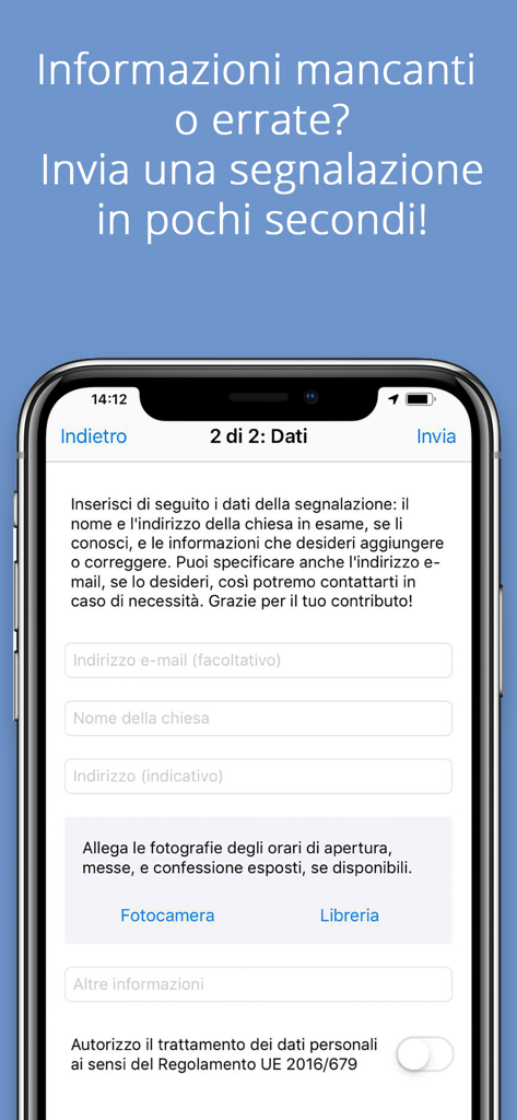 DinDonDan - Modulo nell'app DinDonDan per consentire agli utenti di segnalare o aggiornare gli orari e le informazioni delle messe delle chiese