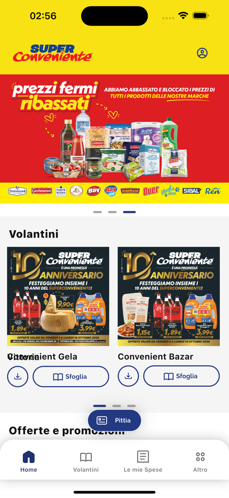 SuperConveniente Gruppo Arena - Interfaccia dell'app SuperConveniente che visualizza volantini di supermercati e banner promozionali