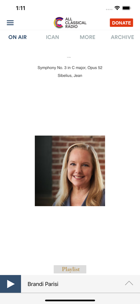All Classical Radio - All Classical Radio app on air screen displaying host Brandi Parisi and a Sibelius symphony