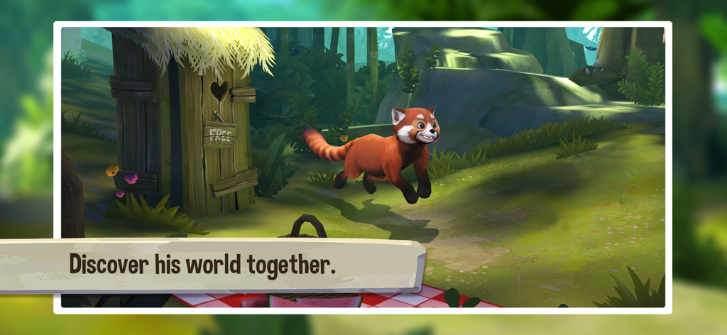 A cute 3D red panda running through a lush green forest near a wooden hut.