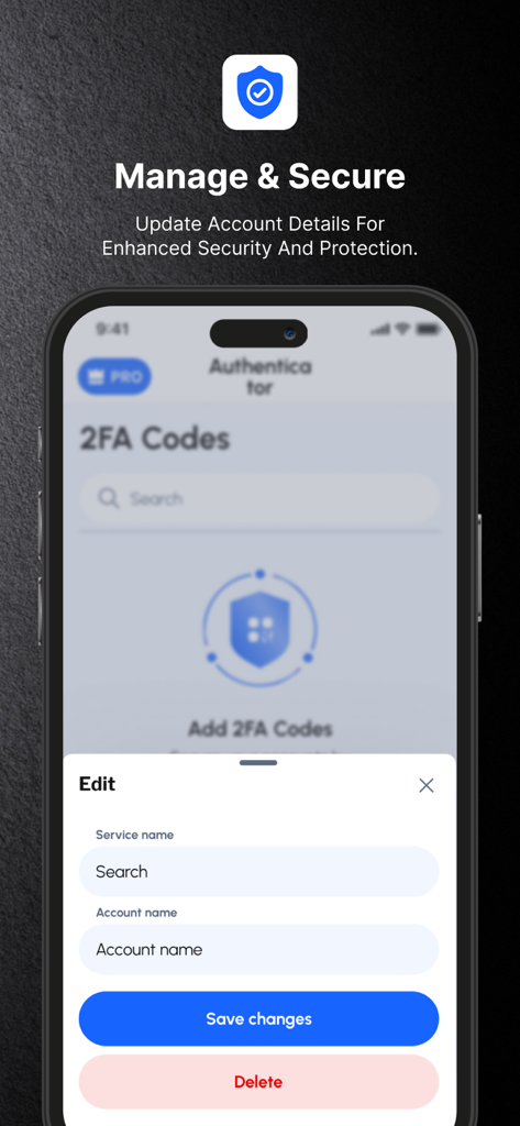 2FA Authenticator™ MFA Authy - Mobile interface showing an edit screen for managing account names and service details within the 2FA Authenticator app