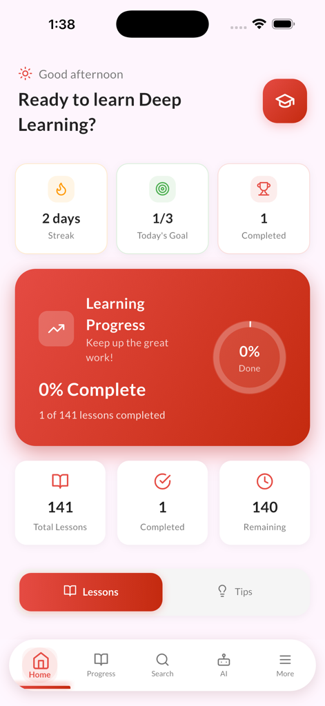 Learn Deep Learning with Ai - Tableau de bord de l'application Learn Deep Learning affichant les séries de progression de l'utilisateur et l'achèvement des leçons