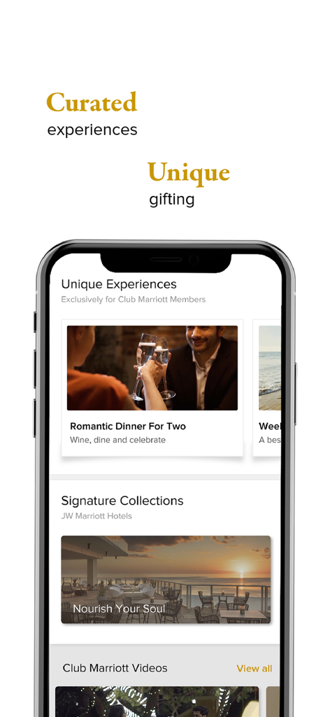 Club Marriott South Asia - Club Marriott会員向けの厳選されたラグジュアリーダイニングとホテルの体験を表示するモバイルアプリのインターフェース