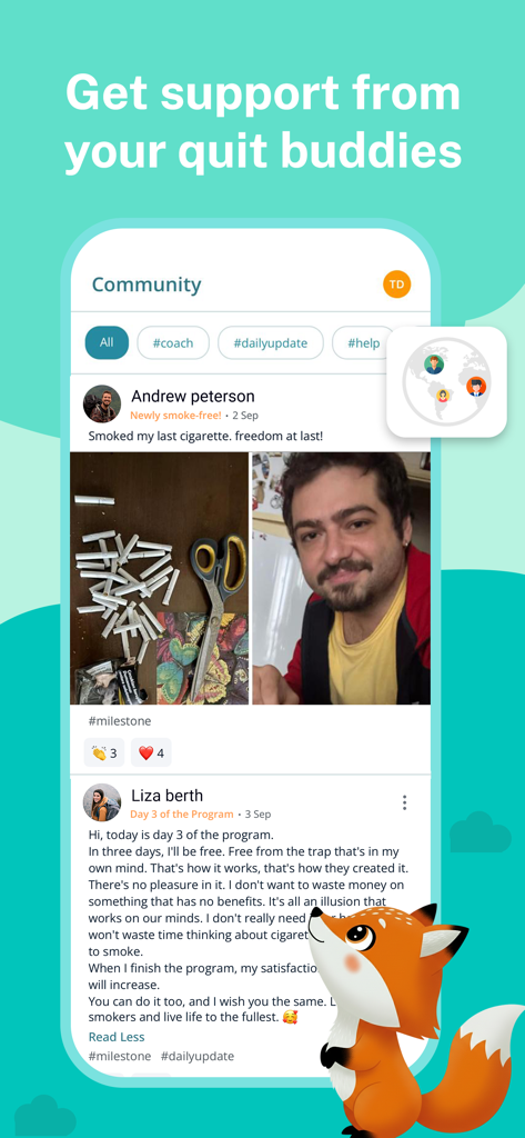 QuitSure Quit Smoking & Vaping - Tela do aplicativo móvel QuitSure mostrando um feed comunitário com histórias de sucesso e apoio de outros usuários parando de fumar