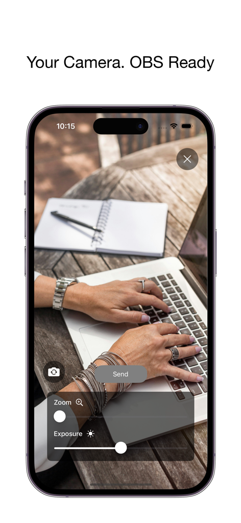 Pro Camera for OBS Studio - iPhone-Bildschirm mit der Pro Camera for OBS Studio-Oberfläche mit Zoom- und Belichtungssteuerung