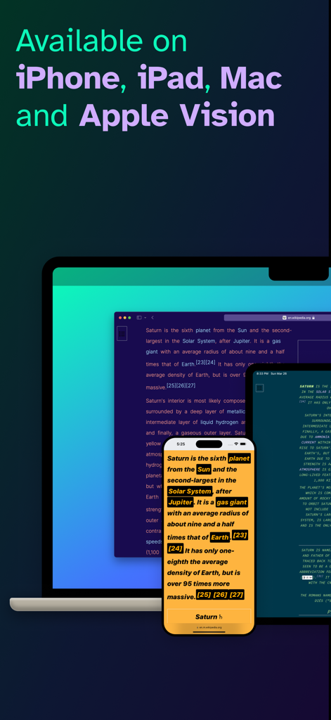 Clear Read Safari extension showing reading customization on iPhone iPad and Mac