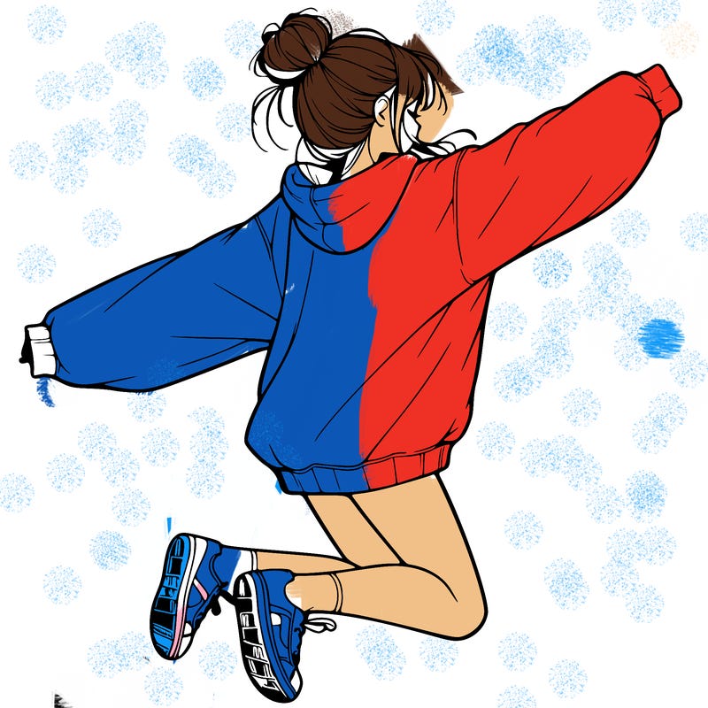realistic girl jumping with a bun and oversized sweatshirt