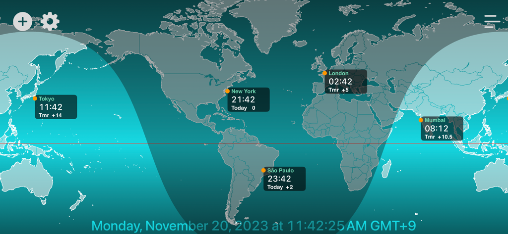 World Time Clock-Weather & Map - Interfaccia di mappa del mondo che mostra cicli di giorno e notte in tempo reale attraverso città globali come Tokyo, New York e Londra