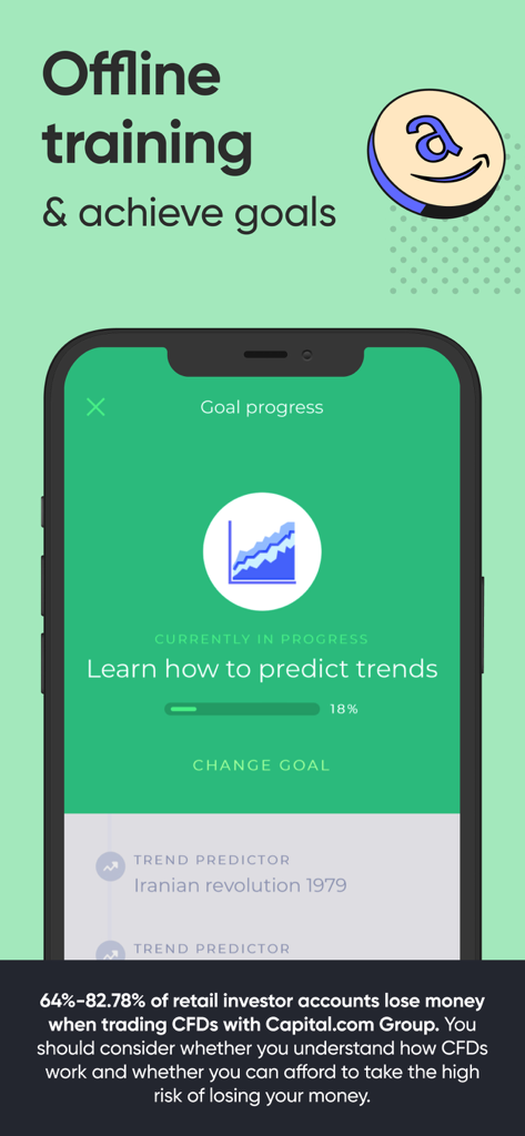 Investmate app interface showing goal progress for learning how to predict trends