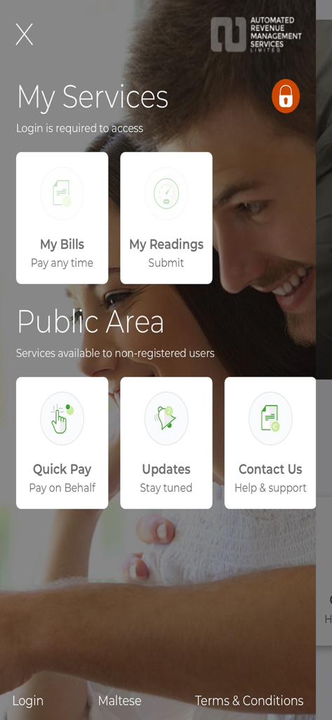 Arms Malta app home screen displaying My Services and Public Area menu options