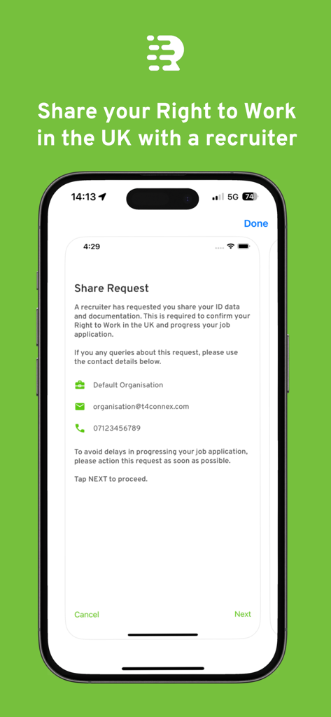Écran de smartphone de l'application My Rightcheck montrant une demande de partage de documents d'identité avec un recruteur pour la vérification du droit de travailler au Royaume-Uni.