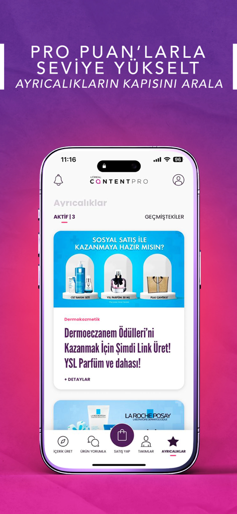 ContentPro - ContentProアプリのスマートフォン画面。美容製品の報酬と、クリエイター向けのプロポイントレベルシステムを表示しています。