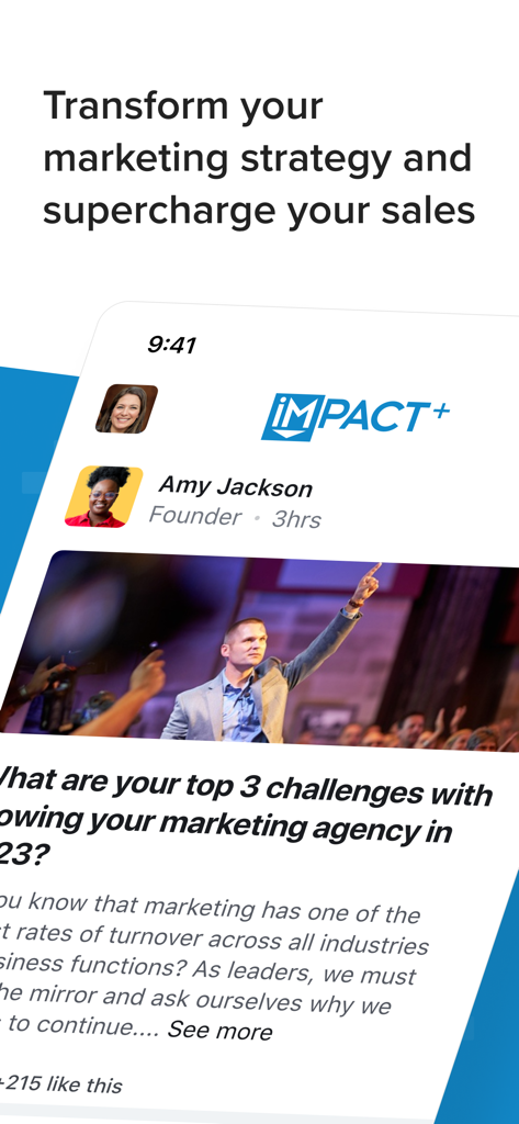 IMPACT plus mobile app interface featuring marketing strategy content and professional community discussion