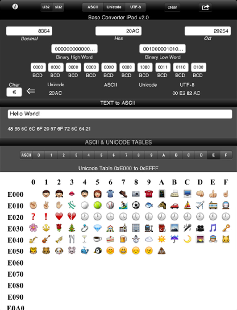 Base Converter for iPad - Interface of the Base Converter for iPad app displaying numeric conversions and a Unicode character table