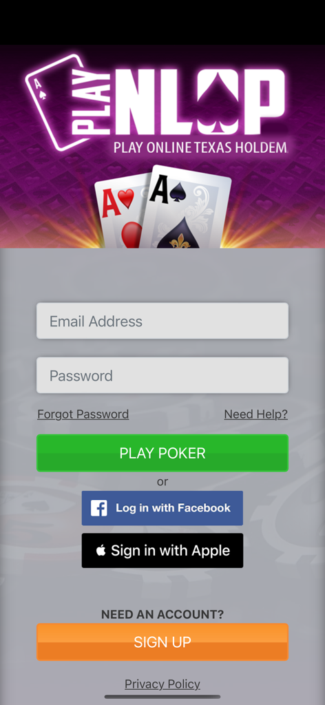 PlayNLOP - PlayNLOP poker app login screen with email and social sign in options