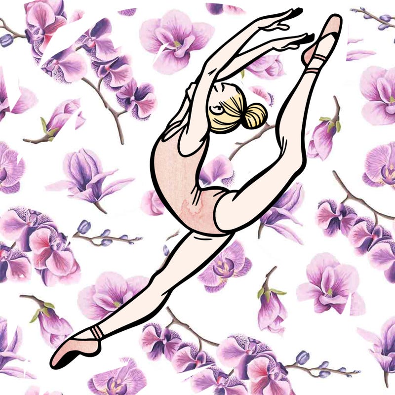 gymnast doing a leap in a leotard with a bent back leg