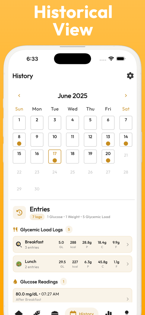Glycemic Index Guide Tracker - Historical log of glucose readings and glycemic load entries in a calendar view.