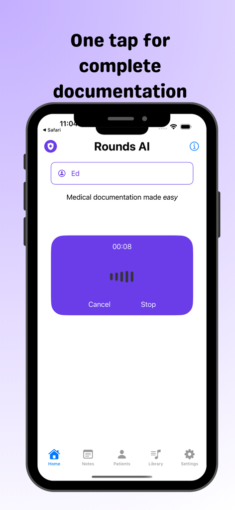 AI Clinician Scribe: Rounds AI - The Rounds AI app home screen showing an active audio recording for real-time medical documentation.