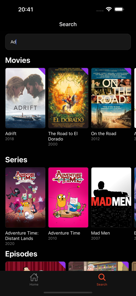 Interfaccia di ricerca dell'app Streamyfin che mostra risultati di film e serie da una libreria del server Jellyfin