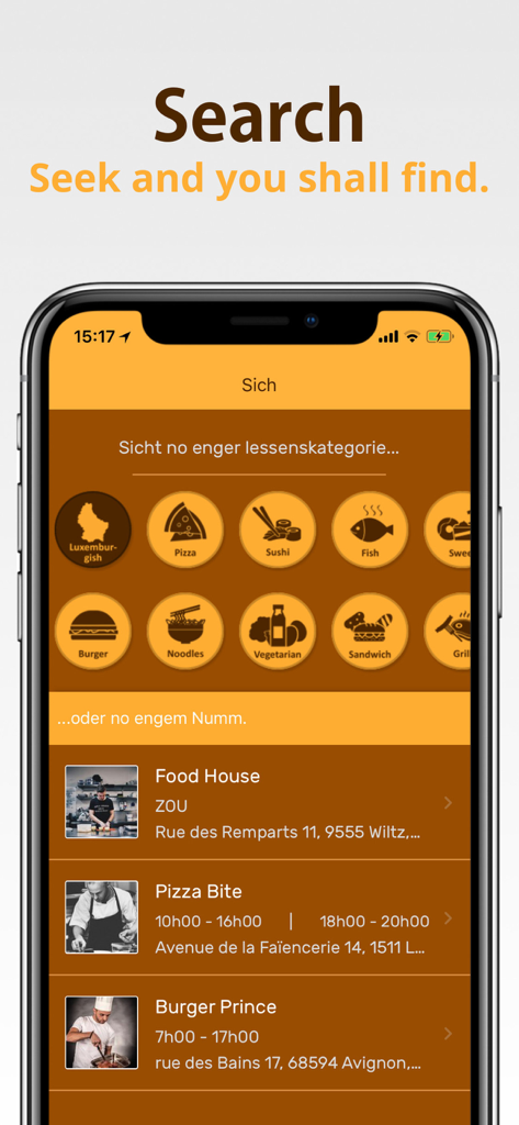 Snack Track - Écran de recherche de l'application mobile Snack Track montrant diverses catégories de nourriture et une liste de résultats de vendeurs locaux