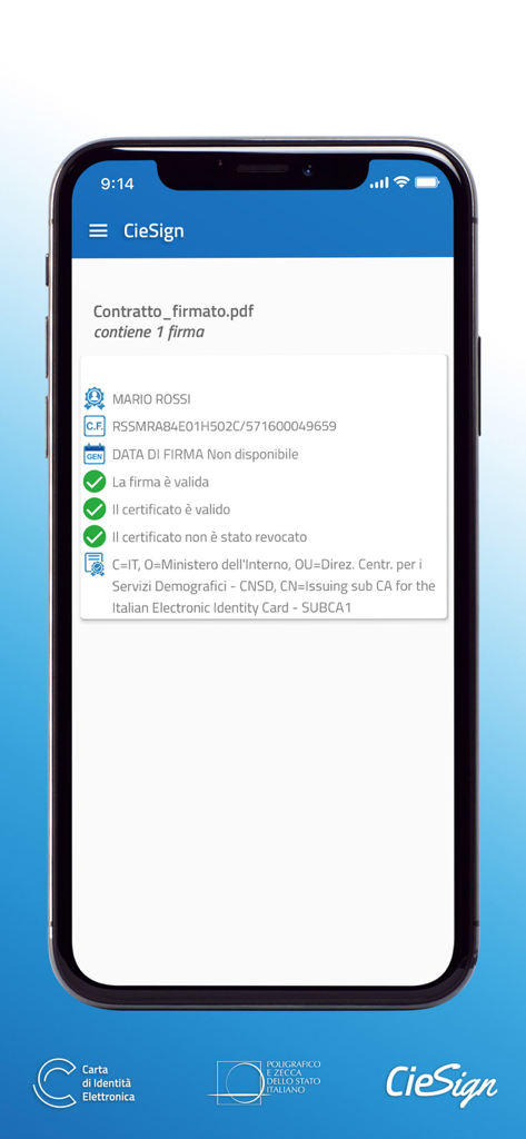CieSign - Interfaccia dell'app CieSign che mostra una firma elettronica verificata per un documento PDF con certificati validi.