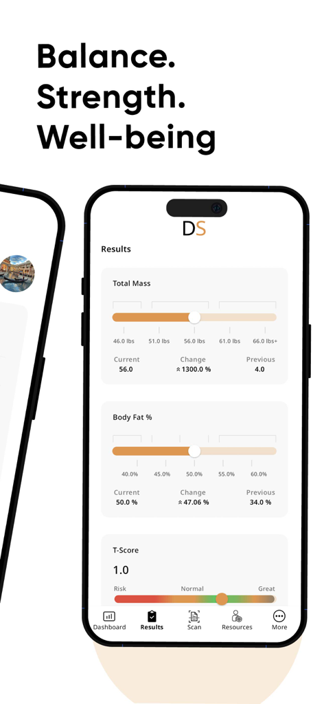 Interface do aplicativo DexaScan exibindo resultados de massa corporal, percentual de gordura e densidade óssea