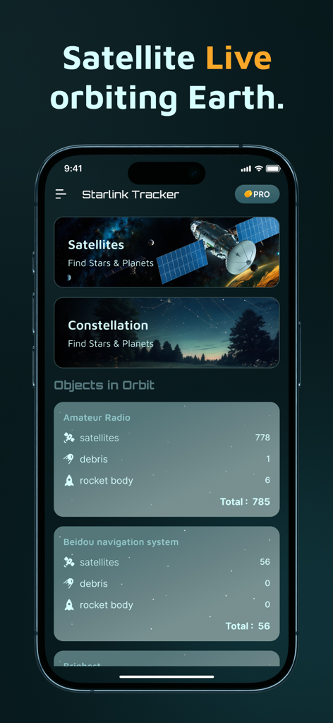 Una interfaz de aplicación móvil para rastrear satélites y constelaciones Starlink en tiempo real con datos sobre objetos en órbita