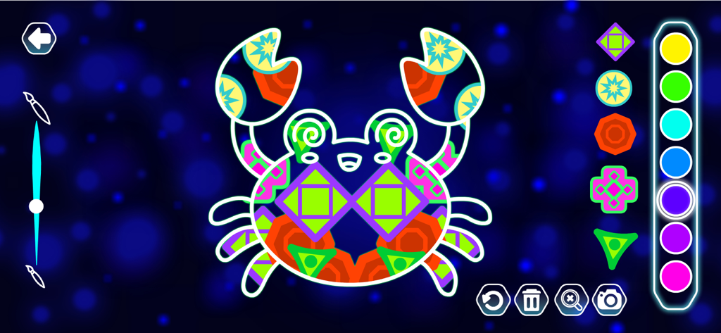 A colorful neon glow drawing of a crab with geometric patterns in the Kids Doodle app interface.