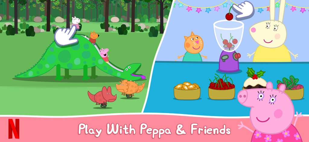 Personajes de Peppa Pig jugando en un tobogán de dinosaurios y preparando batidos en la aplicación.